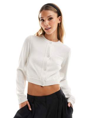 Asos Design Crew Neck Cropped Cardigan With Pocket In Cotton Blend In White In Metallic