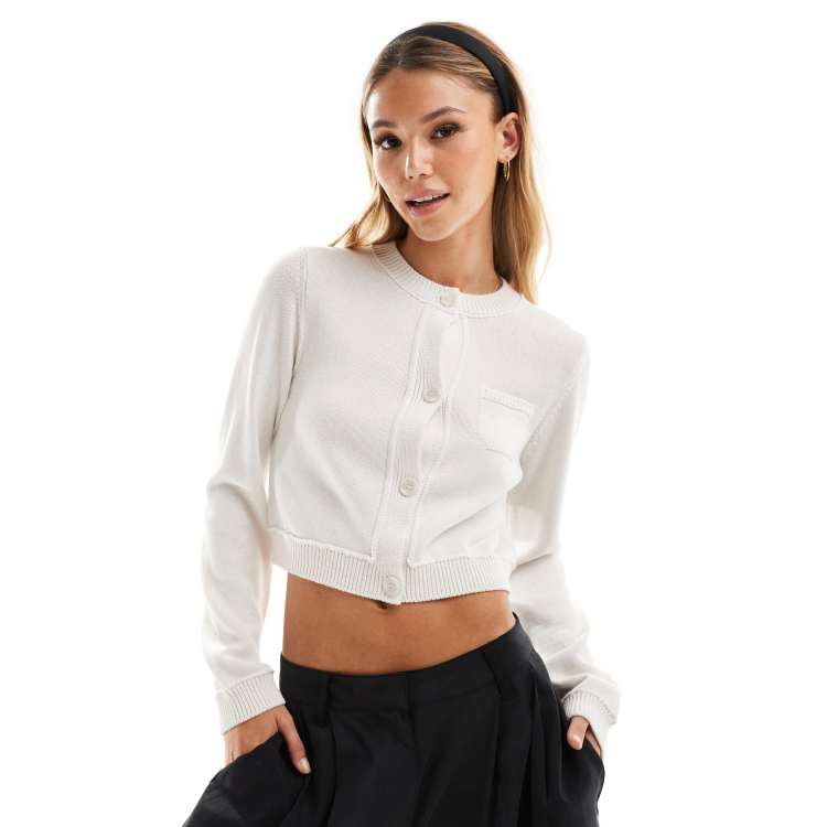 ASOS DESIGN crew neck cropped cardigan with pocket in cotton blend in white