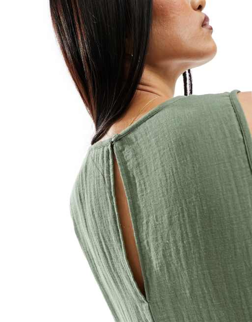 ASOS DESIGN crew neck culotte jumpsuit in khaki, 3 of 4