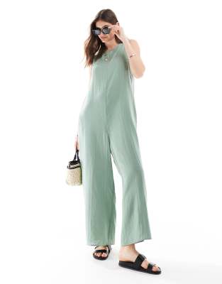 Asos Design Crew Neck Culotte Jumpsuit In Khaki-green