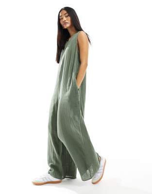 ASOS DESIGN crew neck culotte romper jumpsuit in khaki | ASOS