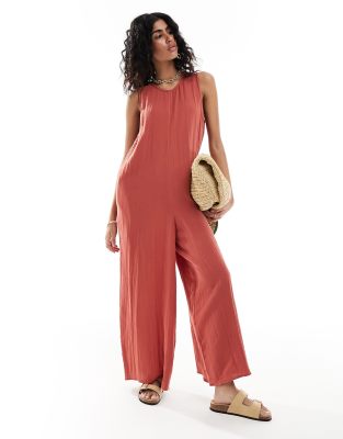 Asos Design Crew Neck Culotte Romper Jumpsuit In Rust-brown