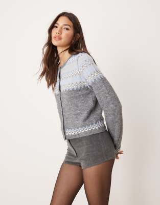 ASOS DESIGN crew neck fairisle cardigan in fluffy yarn in stripe-Multi