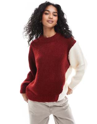 ASOS DESIGN crew neck jumper in abstract print in burgundy and cream-Red