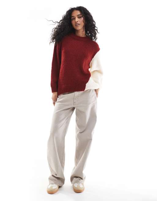 ASOS DESIGN crew neck jumper in abstract print in burgundy and cream, 2 of 4