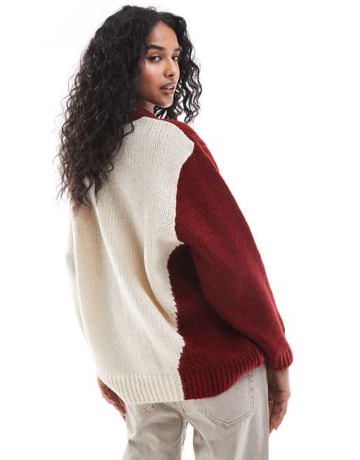 ASOS DESIGN crew neck jumper in abstract print in burgundy and cream, 3 of 4