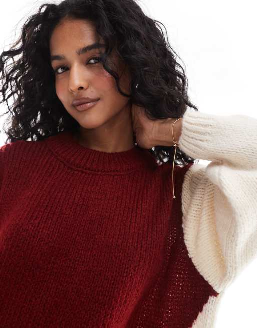 ASOS DESIGN crew neck jumper in abstract print in burgundy and cream, 4 of 4