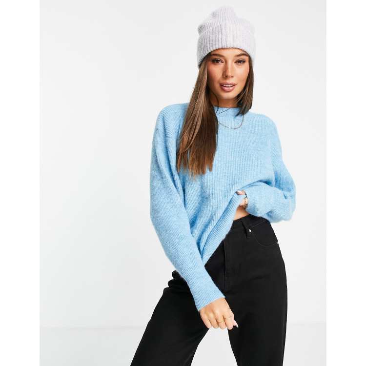 ASOS DESIGN crew neck jumper in fluffy yarn in blue