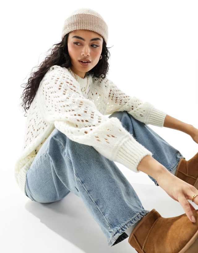 ASOS DESIGN - crew neck jumper in loose pointelle stitch in cream