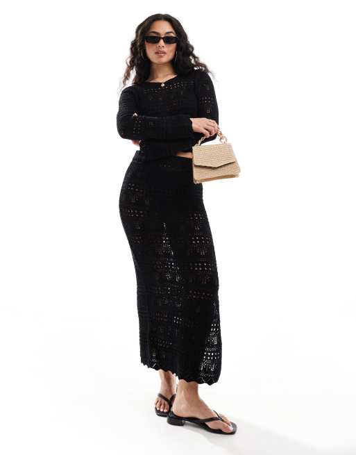 ASOS DESIGN crew neck jumper in mixed stitch with open back in black (part of a set)