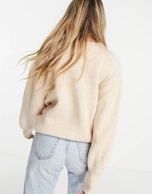 Jumpers & Cardigans crew neck jumper in rib with fluffy yarn in oatmeal 