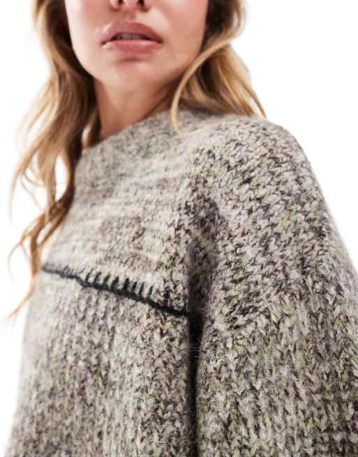 ASOS DESIGN crew neck jumper in twisted yarn with blanket stitch detail in brown, 4 of 4