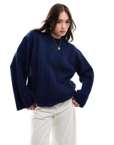 ASOS DESIGN crew neck jumper in wide rib in navy - view 1