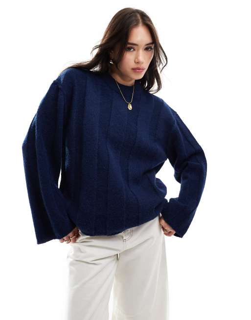 ASOS DESIGN crew neck jumper in wide rib in navy