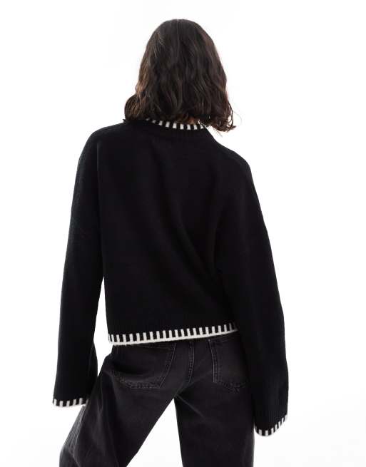 ASOS DESIGN crew neck jumper with blanket stitch and christmas slogan in black and white, 2 of 4