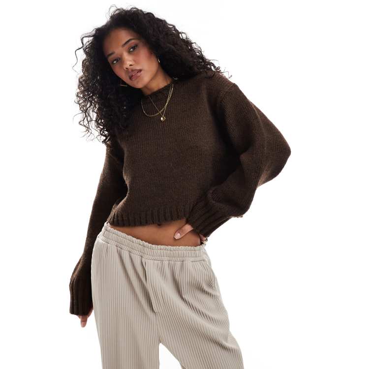 ASOS DESIGN crew neck jumper with chunky trims in chocolate ASOS
