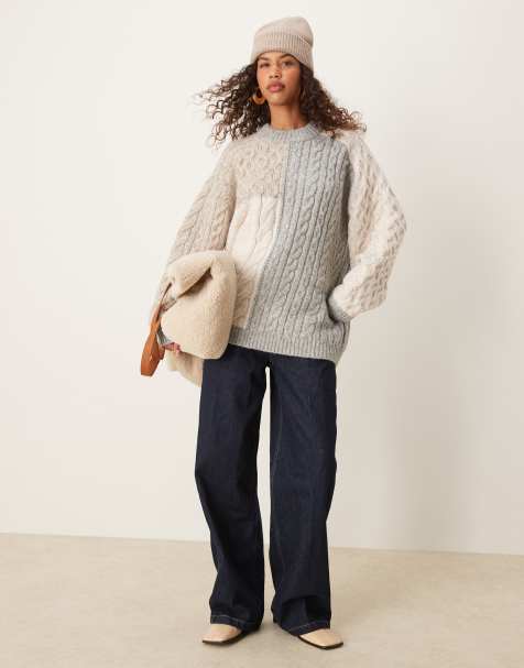 ASOS DESIGN crew neck jumper with patchwork cable in multi - view 1