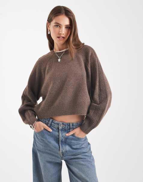 ASOS DESIGN crew neck jumper with raglan and fisherman rib sleeve detail in chocolate - view 1