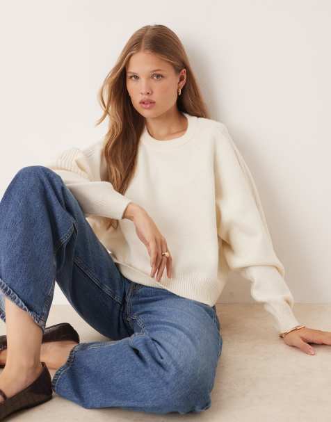 ASOS DESIGN crew neck jumper with raglan and fisherman rib sleeve detail in cream - view 1