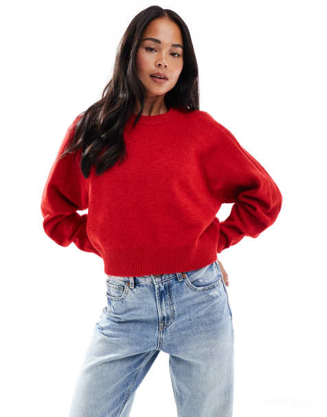 ASOS DESIGN crew neck jumper with raglan and fisherman rib sleeve detail in red - view 1