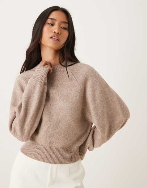 ASOS DESIGN crew neck jumper with raglan detail in mocha - view 1