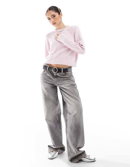 ASOS DESIGN crew neck jumper with rib fashioning in lilac, 2 of 4