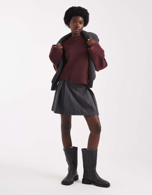 ASOS DESIGN crew neck sweater with seam front detail and stepped hem in plum