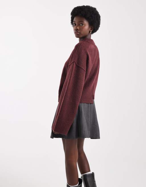 ASOS DESIGN crew neck sweater with seam front detail and stepped hem in plum
