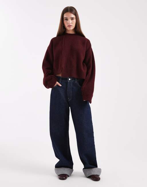 ASOS DESIGN crew neck jumper with seam front detail and stepped hem in plum, 2 of 4