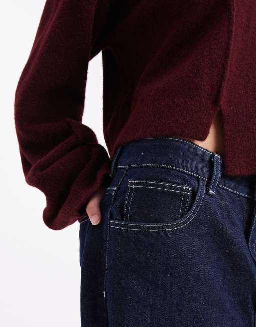 ASOS DESIGN crew neck jumper with seam front detail and stepped hem in plum, 3 of 4