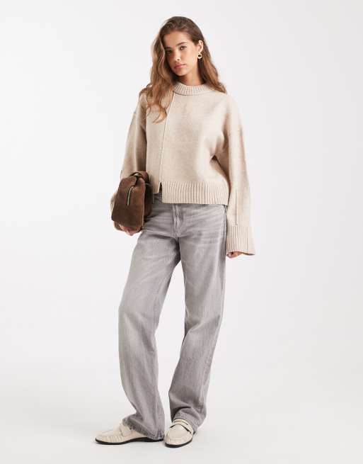 ASOS DESIGN crew neck jumper with seam front detail and stepped hem in rye, 2 of 4