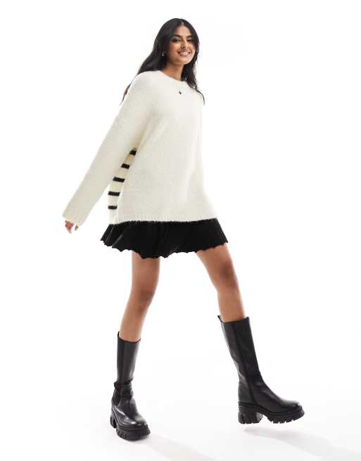 ASOS DESIGN crew neck jumper with stripe back detail in cream ASOS