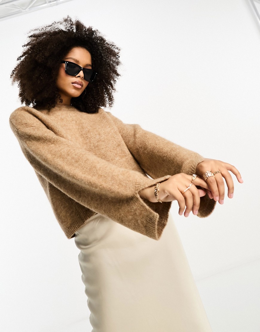 ASOS DESIGN crew neck jumper with wide cuff and split in alpaca wool blend in camel-Neutral