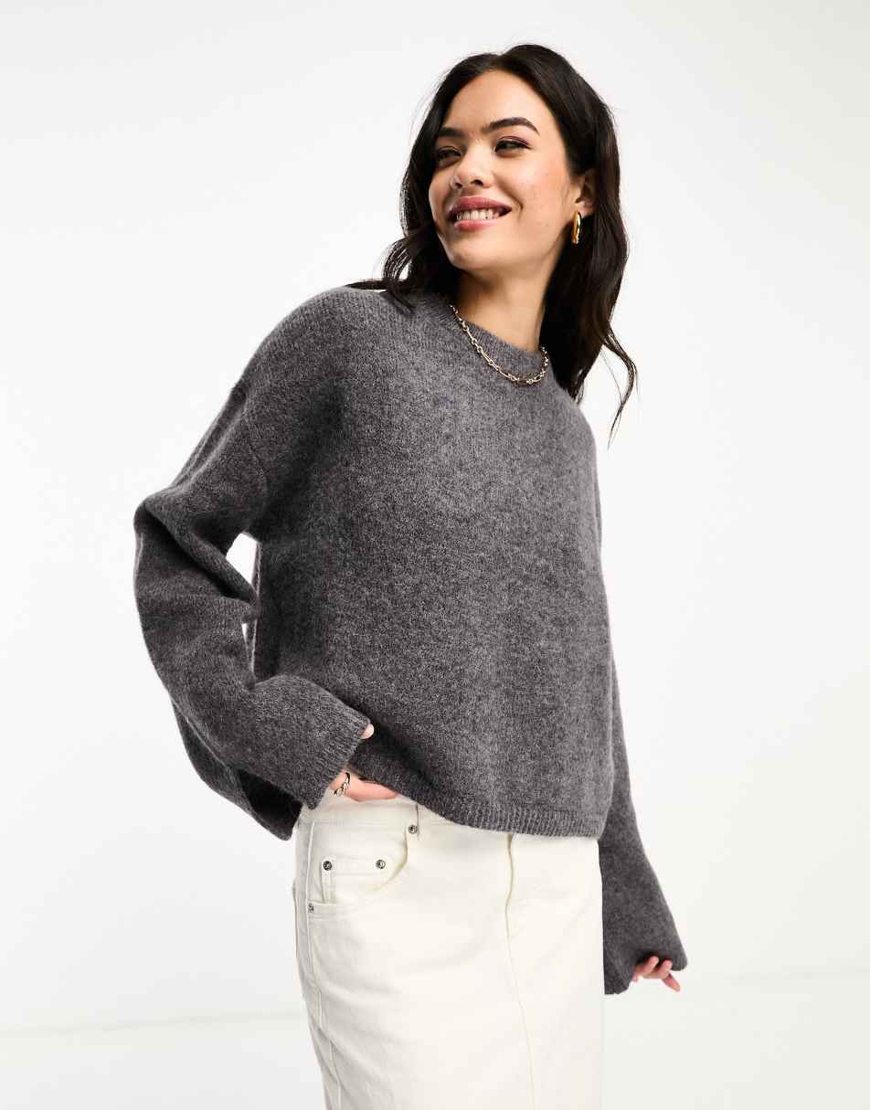 ASOS DESIGN crew neck jumper with wide cuff and split in alpaca wool blend  in charcoal