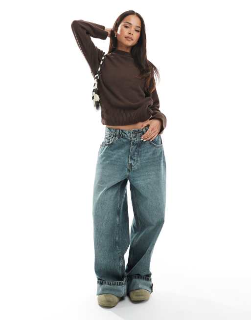 ASOS DESIGN crew neck knit sweater with exposed raglan seams in brown