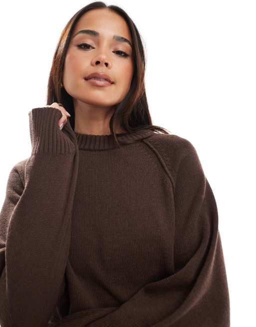 ASOS DESIGN crew neck knit sweater with exposed raglan seams in brown