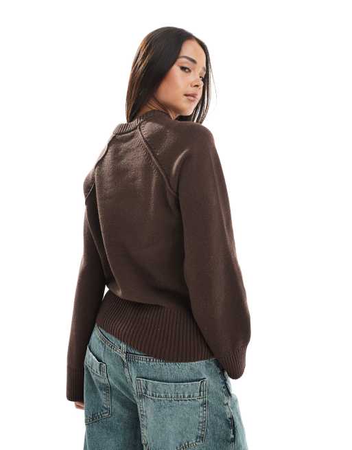 ASOS DESIGN crew neck knit sweater with exposed raglan seams in brown