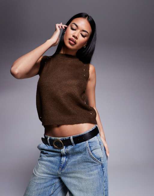 ASOS DESIGN crew neck knit sweater with metal studs in gray