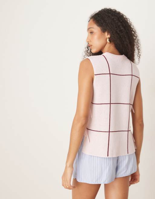 ASOS DESIGN crew neck knit tabard singlet with floral embroidery in pink, 4 of 4