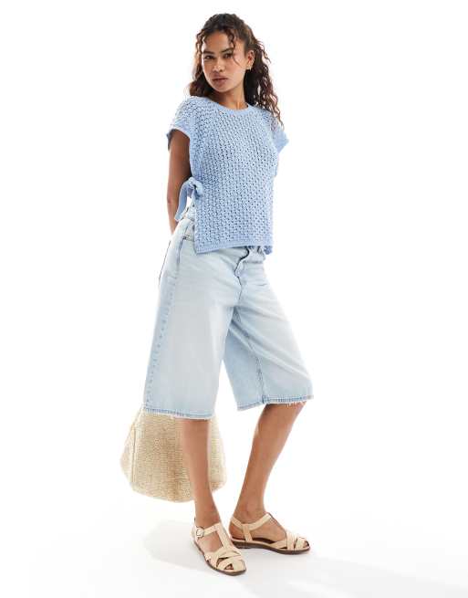 ASOS DESIGN crew neck knit tabard vest with tie sides in light blue