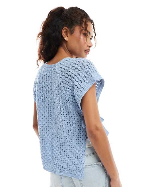 ASOS DESIGN crew neck knit tabard vest with tie sides in light blue