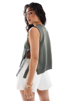 ASOS DESIGN crew neck knit tabard vest with tie sides in olive