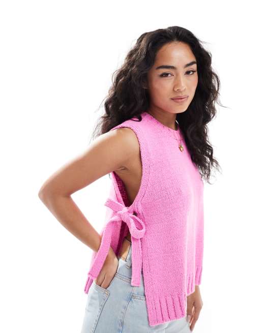 ASOS DESIGN crew neck knit tabard vest with tie sides in pink