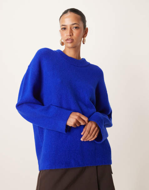 ASOS DESIGN crew neck knitted fluffy jumper in cobalt - view 1