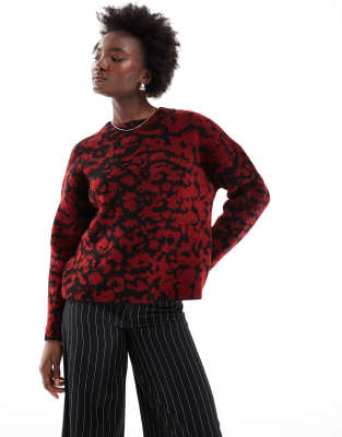 ASOS DESIGN crew neck knitted jumper in burgundy abstract leopard print-Multi