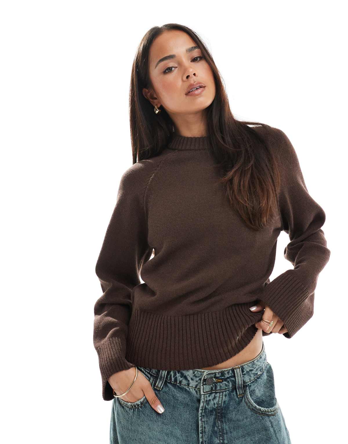 ASOS DESIGN crew neck knitted jumper with exposed raglan seams in brown