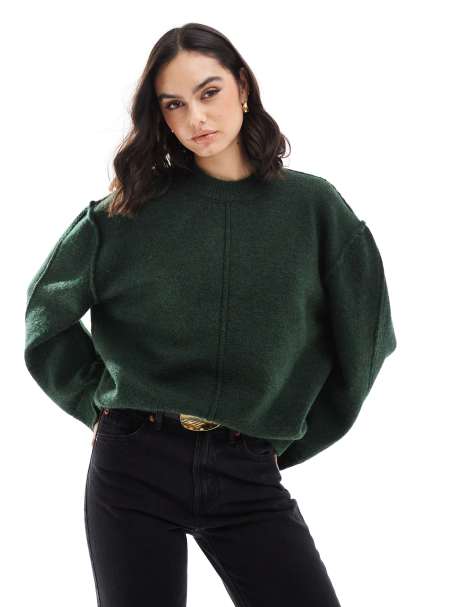 ASOS DESIGN crew neck knitted jumper with exposed seams in forest green - view 1