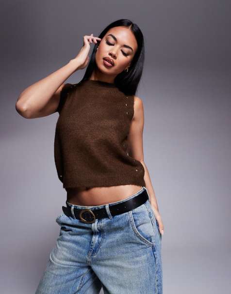 ASOS DESIGN crew neck knitted jumper with metal studs in grey - view 1