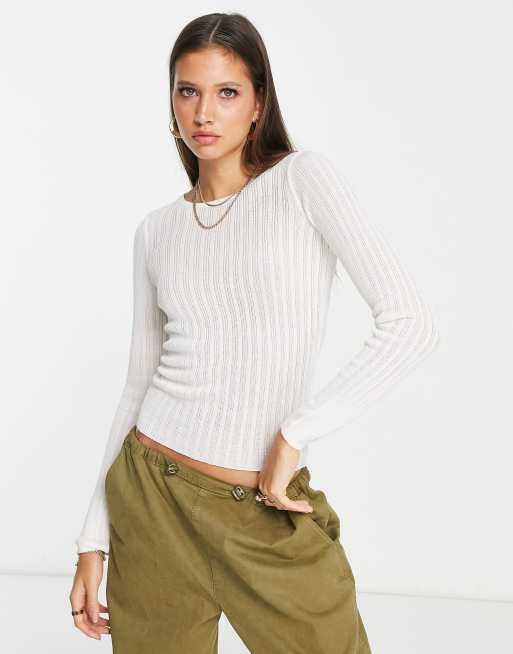 ASOS DESIGN crew neck knitted top in sheer rib yarn in cream, 2 of 4