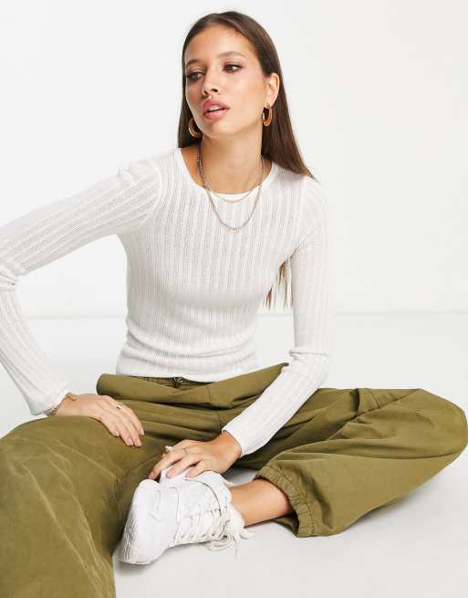 ASOS DESIGN crew neck knitted top in sheer rib yarn in cream, 3 of 4